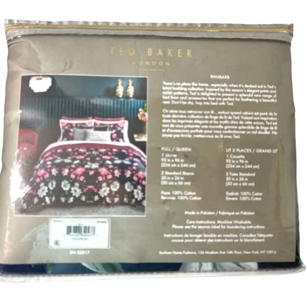 Ted Baker London Blue Pink Floral Rhubarb Duvet Cover & Shams Set Sz Queen New
